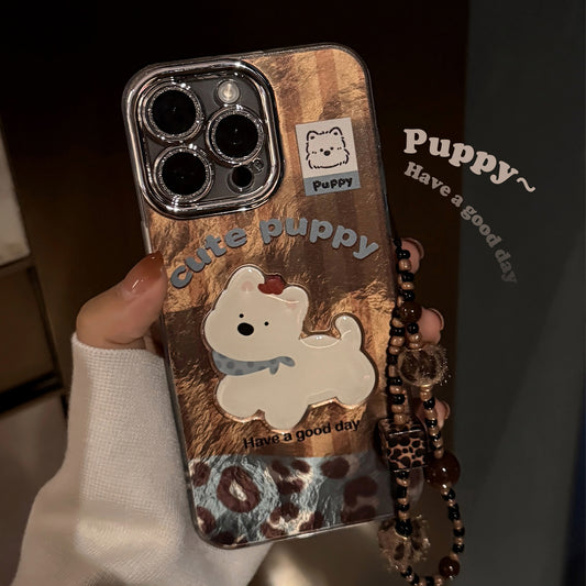 Cute Leopard Puppy Stiching Pattern Case For iPhone 17 Air 16 15 14 13 12 Pro Max 11 XR Xsmax With Wrist Chain Protective Cover