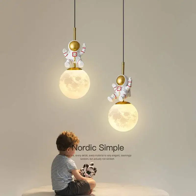 Modern LED Bedside Pendant Lamp Astronaut Chandelier for Child's Room Bedroom Moon Night Light Home Decor Light Fixture Lustre