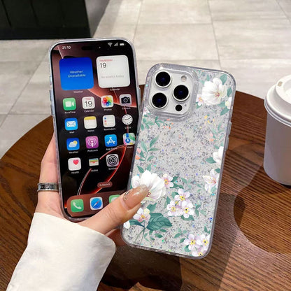 Cartoon Rose Phone Case with Glitter for IPhone 16 15 14 13 12 11 Pro Max Plus 16E X XR XS Max Hard Shockproof Bumper Back Cover