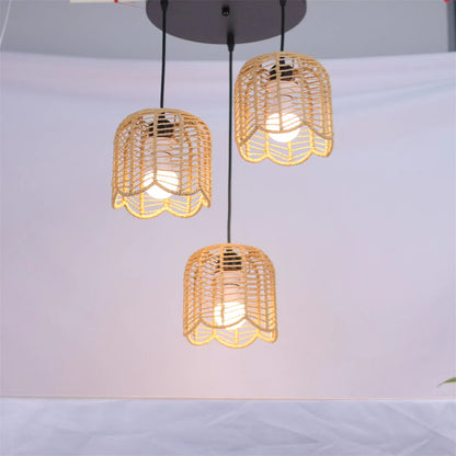 3-Heads Boho Woven Chandelier E27 Rattan Pendant Lamps Vintage Farmhouse Rural Bedroom Living Room Hanging Lighting