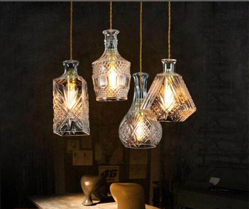 Modern Personality E27 Glass Hanging Lights Wine Bottle Engraved Pendant Lamps For Dining Room Living Room Restaurant Cafe Bar
