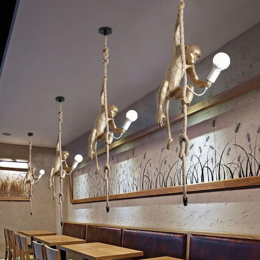 Modern Lovely Gold White Monkey Hemp Rope Pendant Lamp For Children Home Bar Cafe Decoration