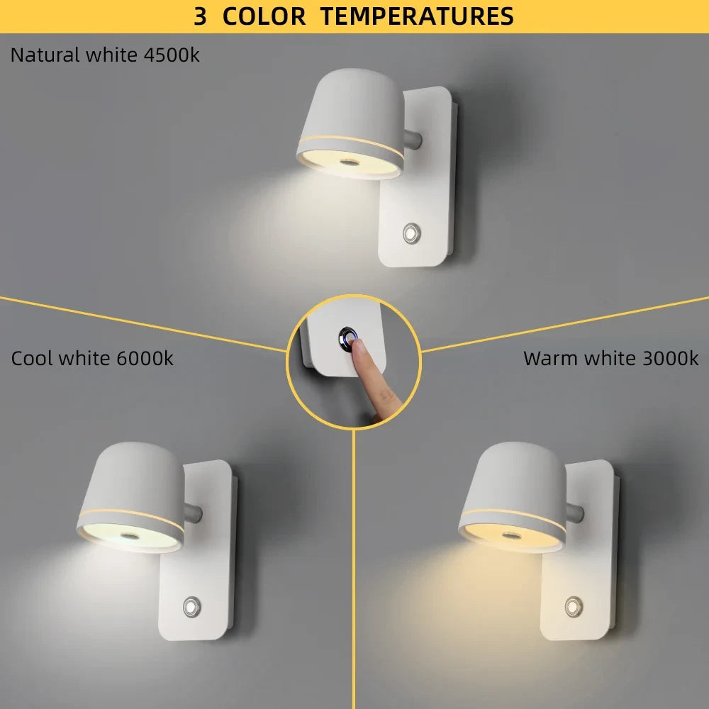 LED Dimmable Wall Lamp with On/Off Switch Adjust Brightness and 3-CCT Rotation Wall Sconce for Bedside Living Room