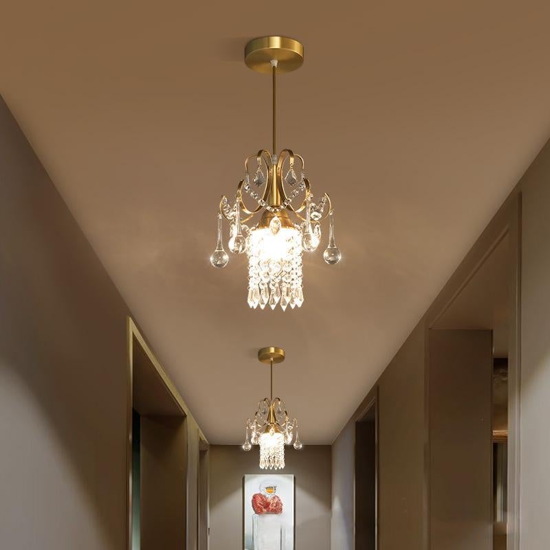 Light Luxury Small Chandelier Single Head Crystal Dining Room Chandelier American Bar Porch Corridor Decoration European Brass Corridor Lamp