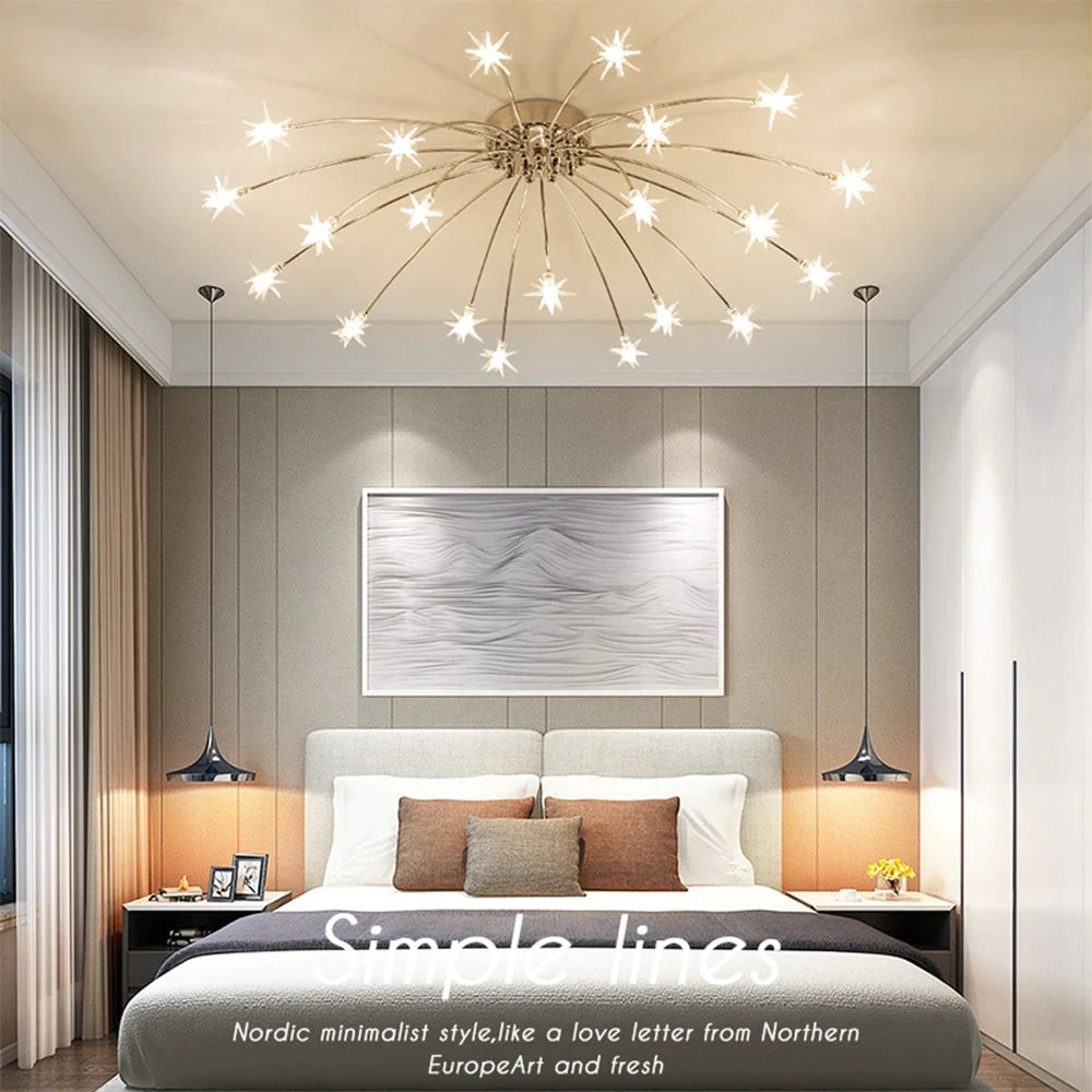 Starry Sky Stars LED Ceiling Lights Light Modern Round Crystal Glass 21/28 Heads Stars Lamps Bedroom Living Room Fixtures