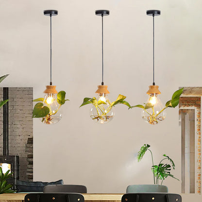 Modern Solid Wood Glass Plant Pendant Lights Garden Plant Flower Pot Restaurant Shop Ceiling Lamp