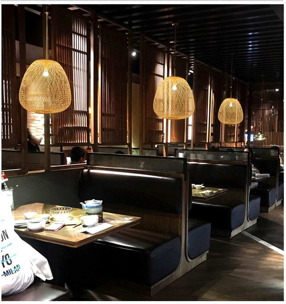 Bamboo LED E27 Wicker Rattan Wave Shade Pendant Light Vintage Japanese Lamp Suspension Home Indoor Dining Table Room Lighting