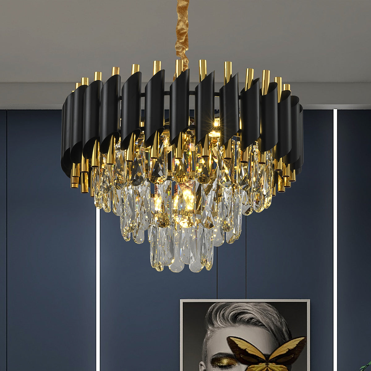 Modern 3-story Crystal Black Gold Chandelier Light 15.7 "Round Ceiling Lighting Dimmable Living Room Dining Room Foyer Bedroom