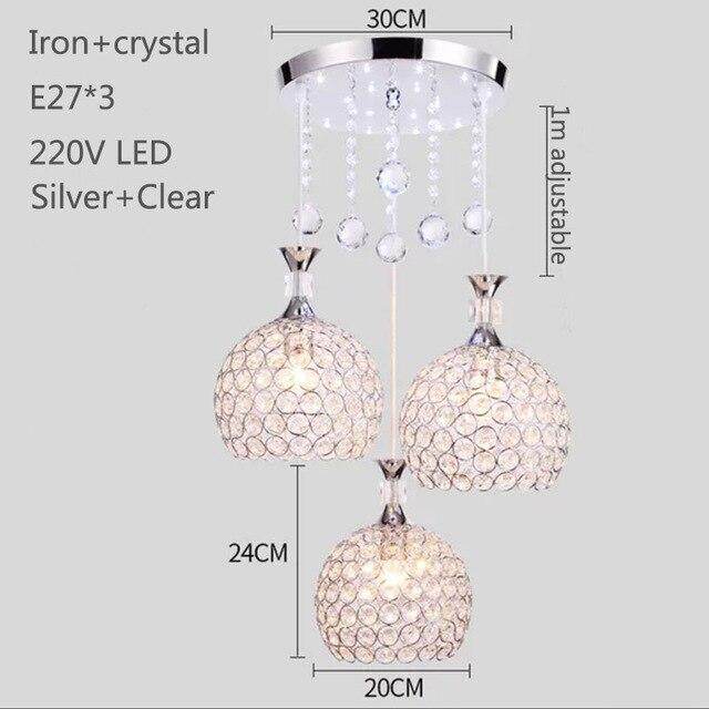 Modern Simplicity Style Indoor Decorations Pendant Lamp E27 LED Crystal Pendant Lights For Restaurant 3 Heads Hanging Light