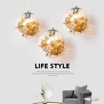 Modern Pendant Light Glass Ball Lamp With Metal Leaf Flower Glass Kitchen Bedside Hanging Lamp Kitchen Suspension Light