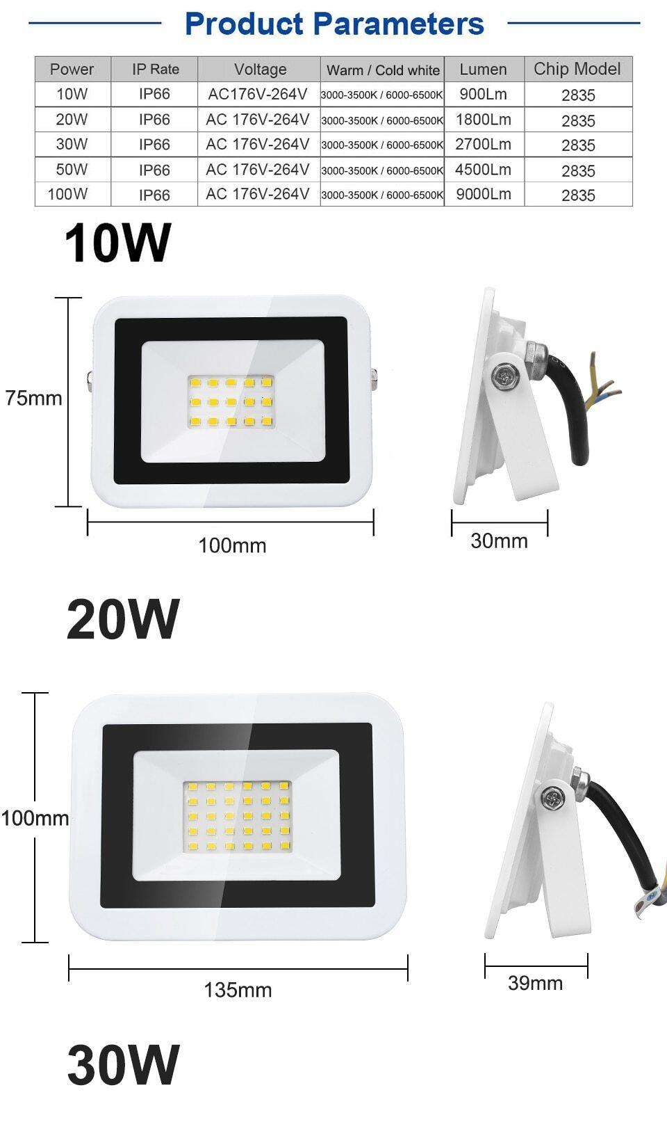 100W 50W 30W 10W 20W LED Flood Light Warm White/Cold White IP66 Waterproof 220V Garden Floodlight Outdoor Spotlight Wall Lamp