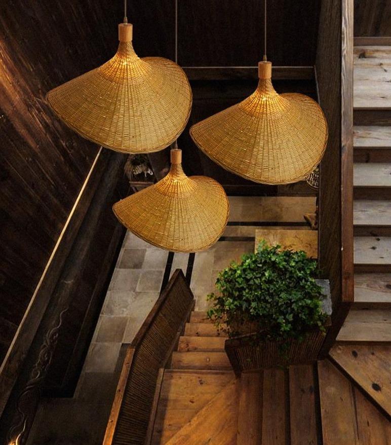Bamboo Chandelier Rattan Straw Hat Lamp Stair Bamboo Lamp