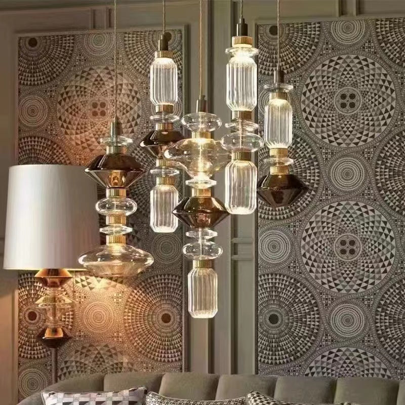 Clear Amber Glass LED Chandelier Modern Pendant Lamp Hall Parlor Restaurant Bedside Lighting Fixtures