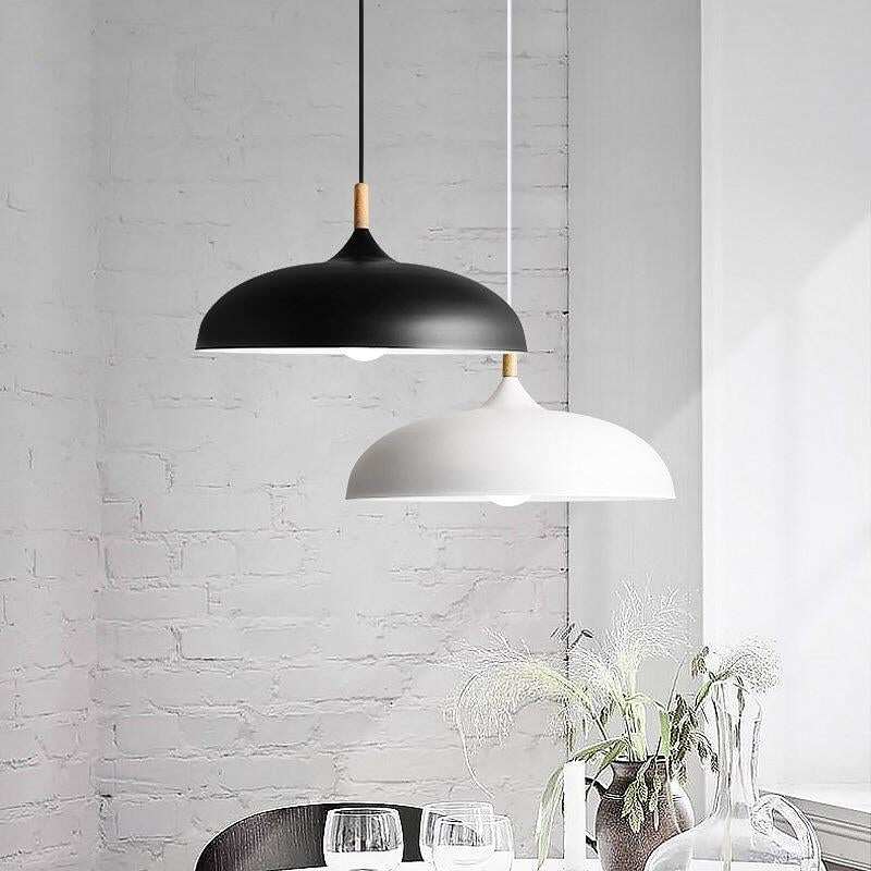 Pendant Light 35cm Diameter Matte Aluminum Lampshade 10cm Iron Base Solid Wood Accessories 1.2 m Suspension Line E27 Lamp Holder