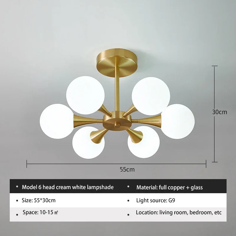 Luxury Copper LED Ceiling Chandelier Nordic White Glass Ball Ceiling Lamps Living Dining Room Bedroom Light