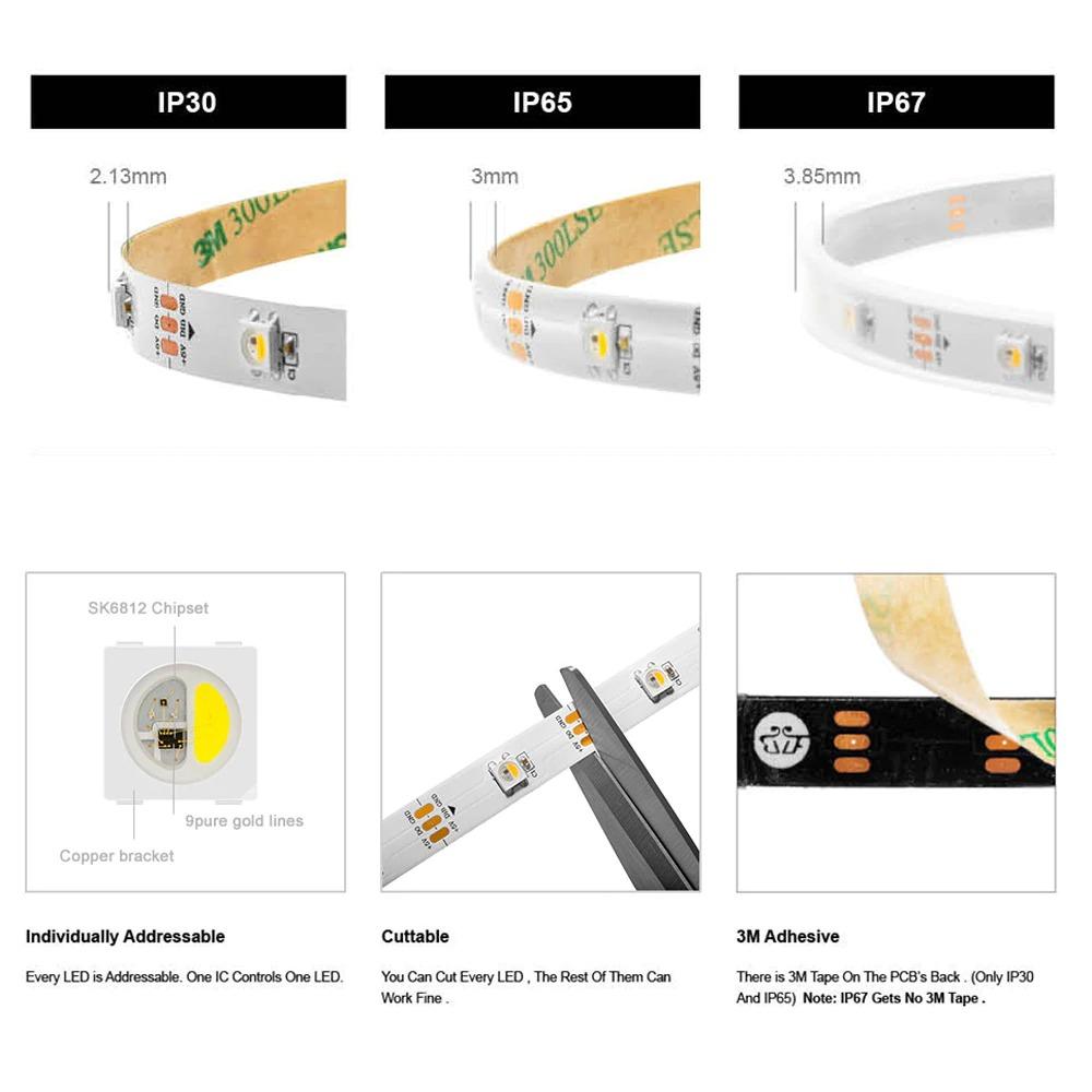 SK6812 RGBW Led Strip Light 4 in 1 Similar WS2812B 1m 4m 5m 30 60 144 LEDs Individual Addressable RGBWW Led Lights IP30 65 67 5V-2