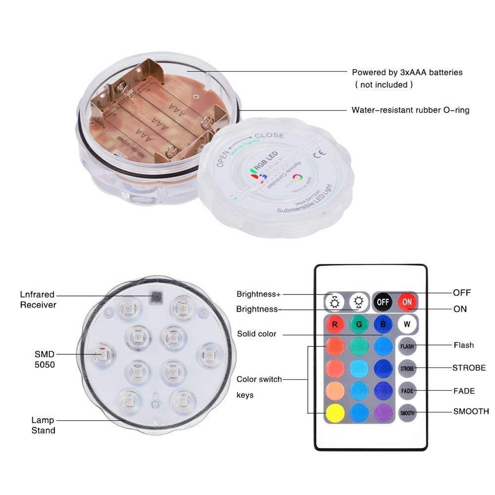 4PC Underwater lamp IP68 Waterproof Multi Color Battery Operated Remote Control Wireless 10-LED lights for Hot Tub,Pond,Pool