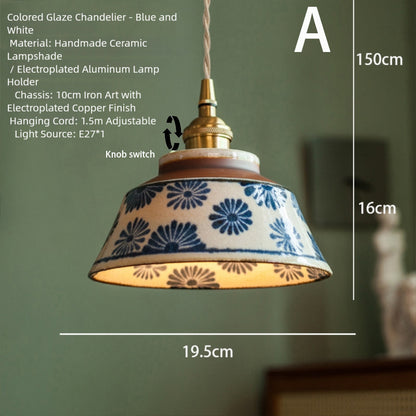 Chinese-style Retro Tea Room Colored Glazed Ceramic Blue-and-white Pendant Lamp