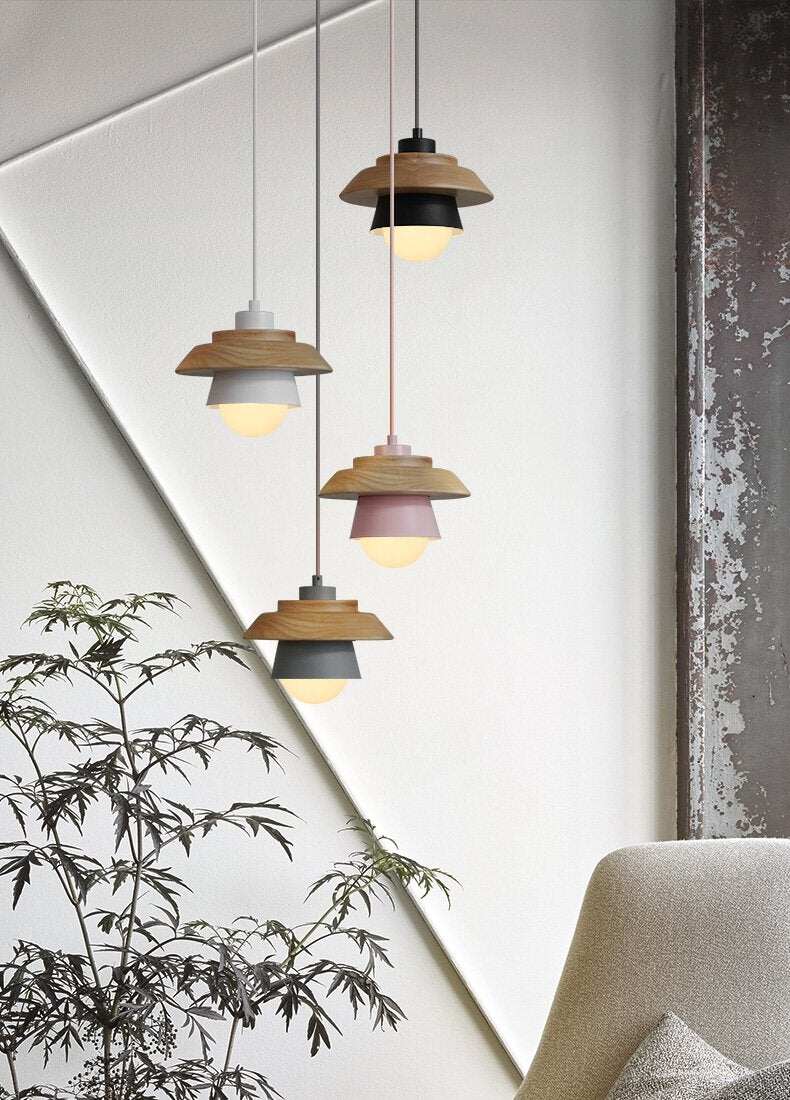 The Nordic modern minimalist bedroom small chandelier iron wood bowl hall creative personality Macarons restaurant LED lamp