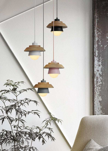 The Nordic modern minimalist bedroom small chandelier iron wood bowl hall creative personality Macarons restaurant LED lamp