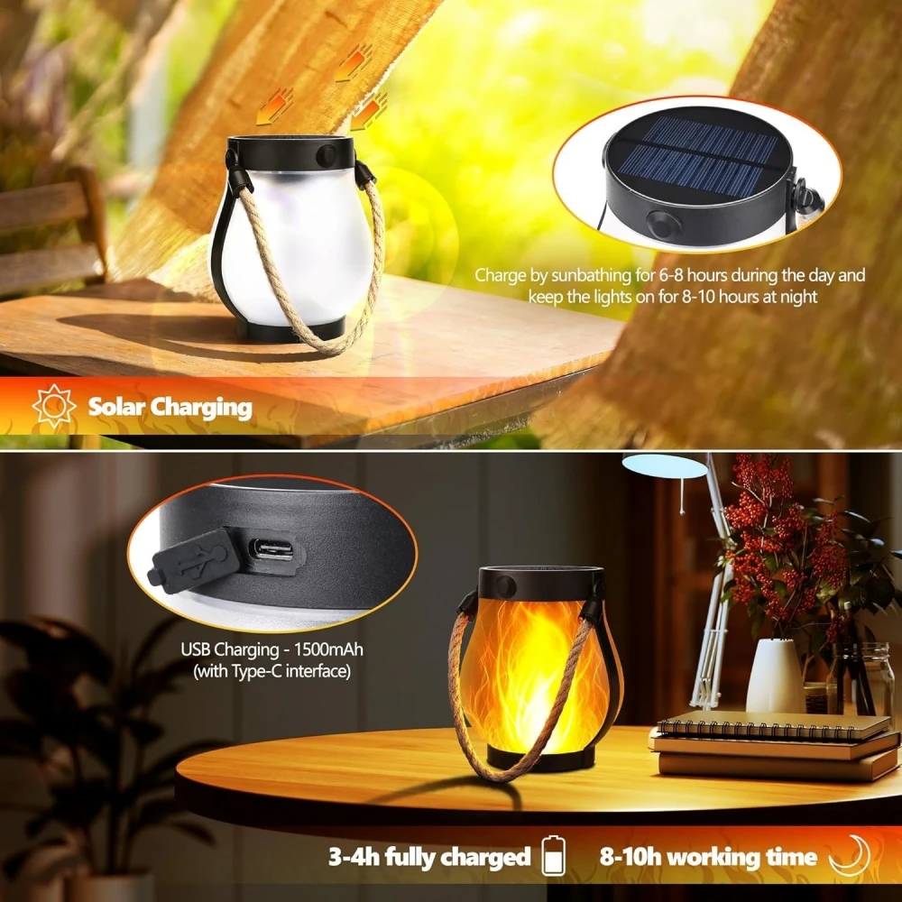 Solar Flame Lantern Outdoor Hanging LED Light Waterproof Rustic Rope Lamp Fire Effect Patio Garden Yard Camping