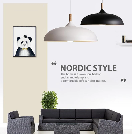 Pendant Light 35cm Diameter Matte Aluminum Lampshade 10cm Iron Base Solid Wood Accessories 1.2 m Suspension Line E27 Lamp Holder