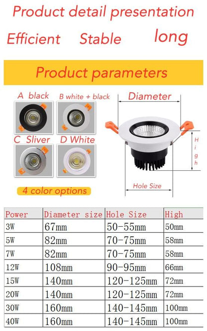 Led Downlight Dimmable lamp 3w 5w 7W 12w 15w 20w  30w 40w cob led spot ceiling recessed downlights round panel light