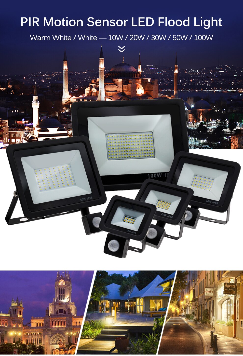 Motion Sensor LED Floodlight  Waterproof Spotlight 10W 30W 50W 100W Flood Light Outdoor Lighting for Garden Street Wall