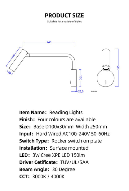 ZEROUNO led wall light wall lamp arm swivel home modern decor bedroom switch LED 3W reading light bedside indoor home interior