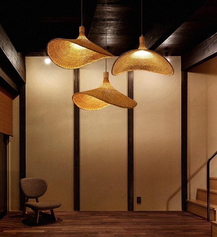 Bamboo Chandelier Rattan Straw Hat Lamp Stair Bamboo Lamp