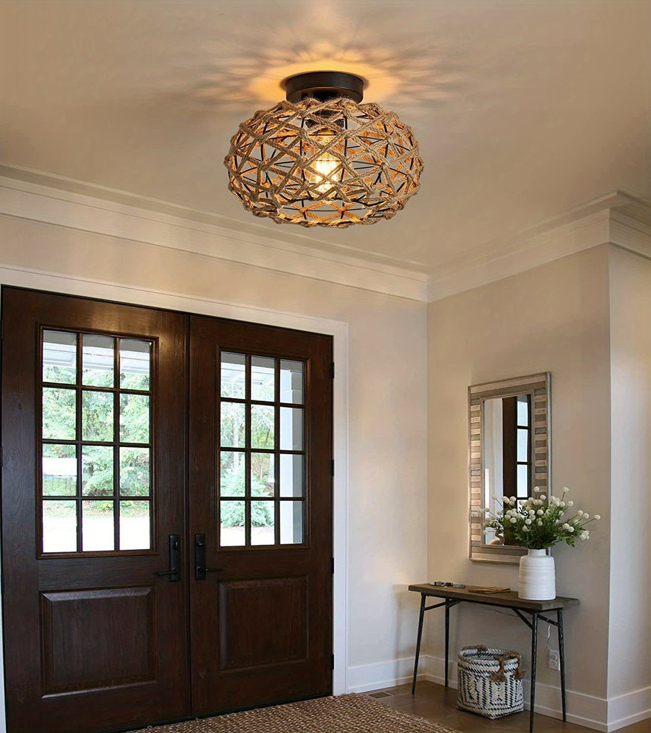 Oho Chic Hemp Rope Ceiling Light - Woven Rattan Wicker Accents - Semi Flush Mount Retro Fixture