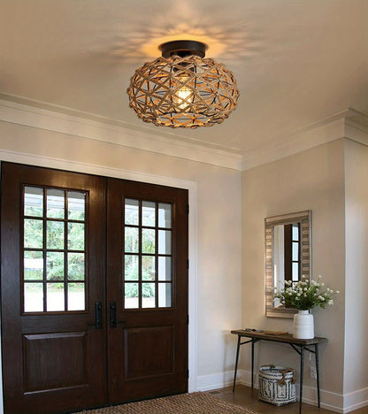 Oho Chic Hemp Rope Ceiling Light - Woven Rattan Wicker Accents - Semi Flush Mount Retro Fixture