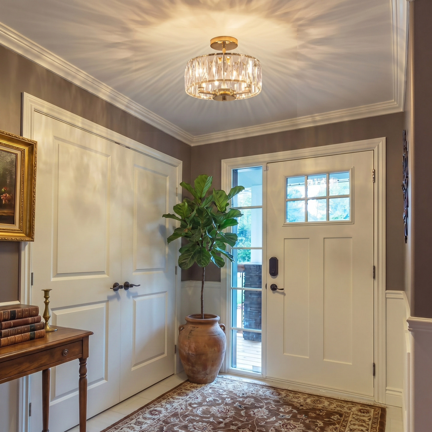 Modern Gold Round Crystal Ceiling Light K9 Crystal Semi Flush Mount Fixture for Living Room Bedroom Hallway