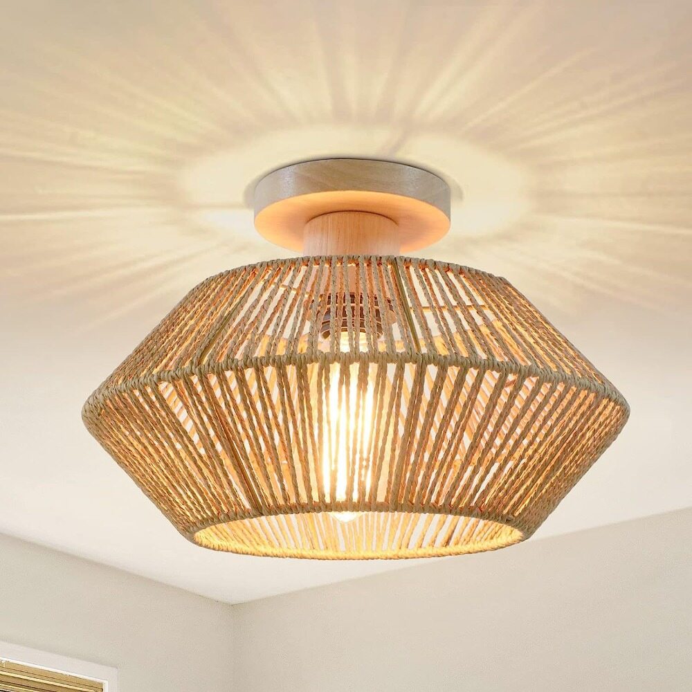 Led Rattan Ceiling Light Chinese Style Lampshade Hemp Rope Design Ceiling Light Fixture Lighting