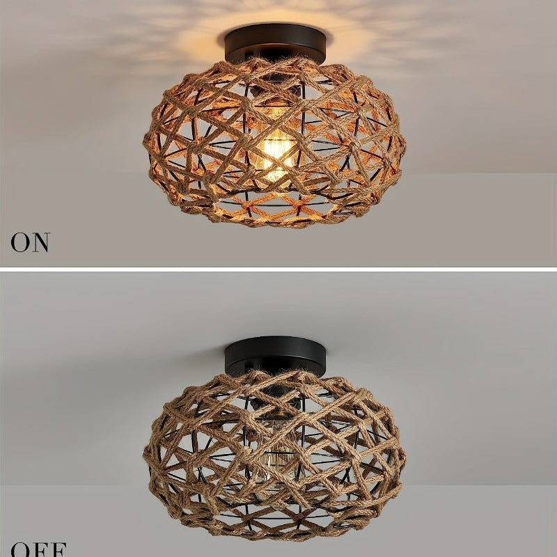 Oho Chic Hemp Rope Ceiling Light - Woven Rattan Wicker Accents - Semi Flush Mount Retro Fixture