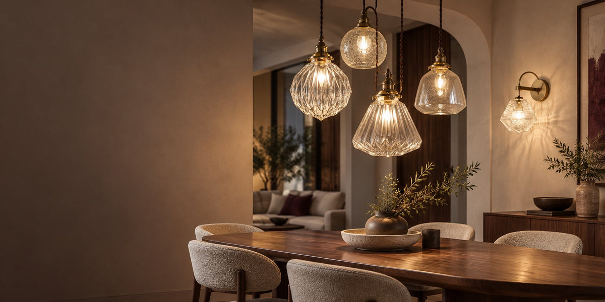 Warm glass pendant light above a natural wood dining table in a softly lit home