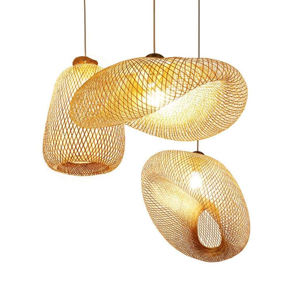 Bamboo LED E27 Wicker Rattan Wave Shade Pendant Light Vintage Japanese Lamp Suspension Home Indoor Dining Table Room Lighting