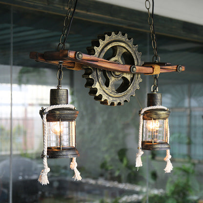 American Light Design Vintage Chandelier Retro Cafe Bar Restaurant Wooden Loft Pendant Lamp Gear Industrial Hanging Glass Light