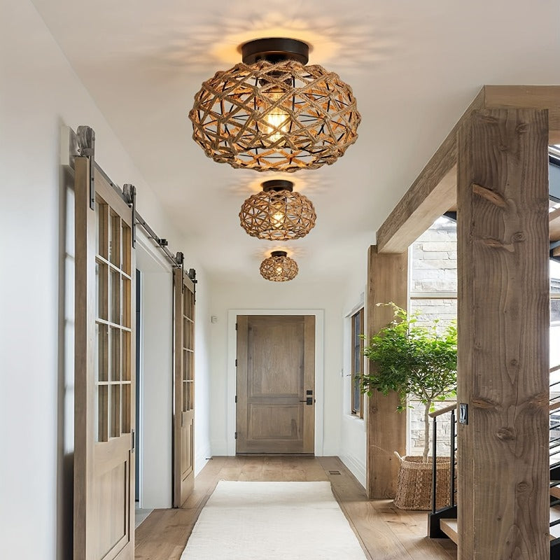 Oho Chic Hemp Rope Ceiling Light - Woven Rattan Wicker Accents - Semi Flush Mount Retro Fixture