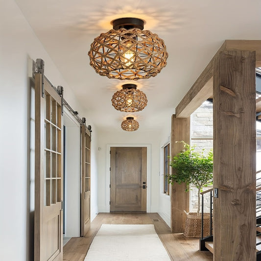 Oho Chic Hemp Rope Ceiling Light - Woven Rattan Wicker Accents - Semi Flush Mount Retro Fixture