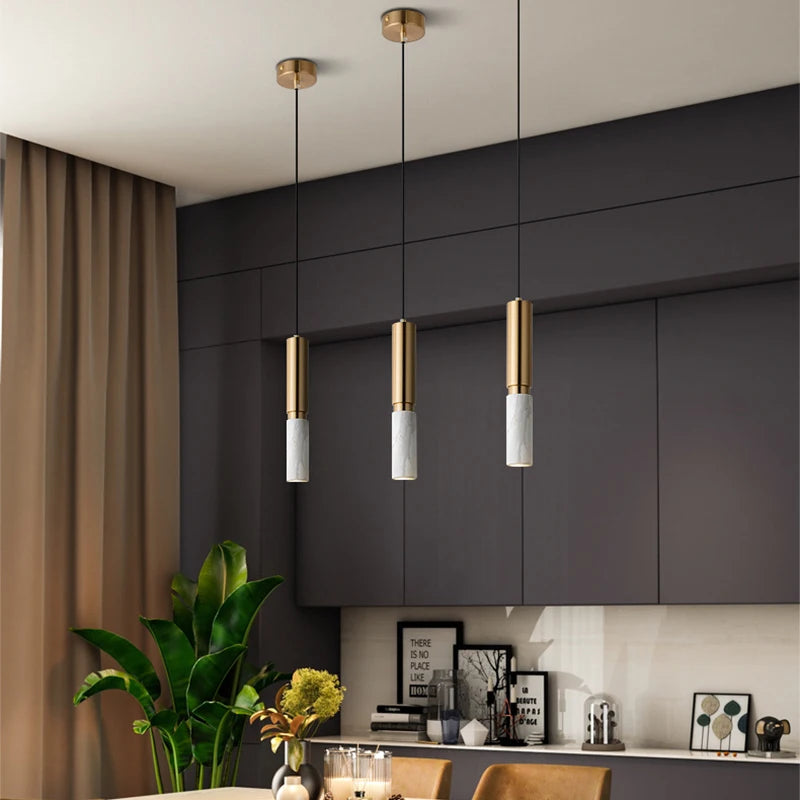 Modern dining table pendant lamp cylindrical marble LED pendant lamp light luxury bedroom lighting living room home decoration