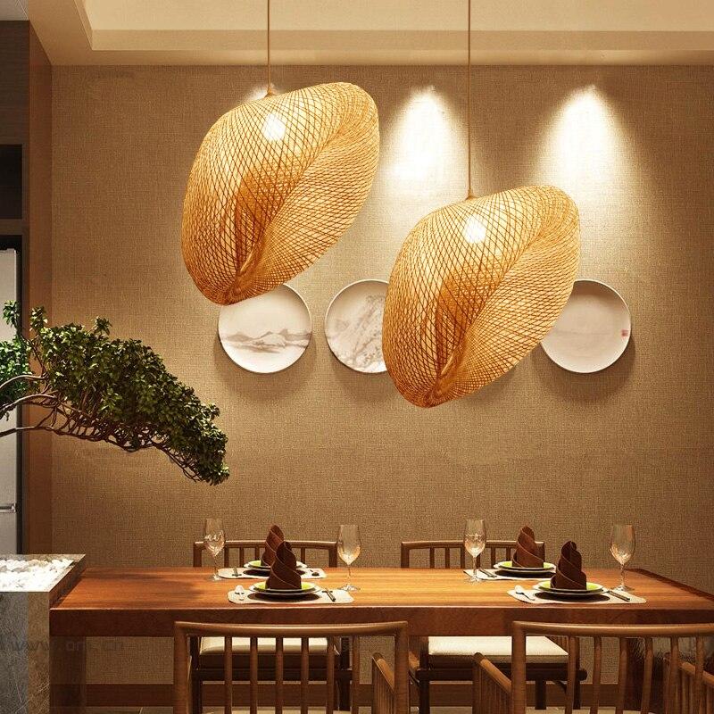 Handmade Bamboo Lamp Wicker Rattan Wave Shade Pendant Light Vintage Japanese Lamp Suspension Home Indoor Dining Table Room