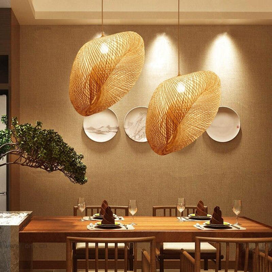 Handmade Bamboo Lamp Wicker Rattan Wave Shade Pendant Light Vintage Japanese Lamp Suspension Home Indoor Dining Table Room
