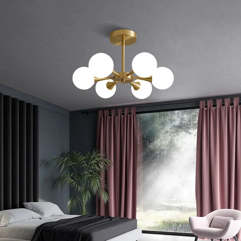 Luxury Copper LED Ceiling Chandelier Nordic White Glass Ball Ceiling Lamps Living Dining Room Bedroom Light