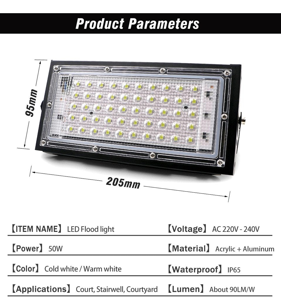 LED Flood Light 50W 220V 240V Floodlight CHIP IP65 Waterproof Outdoor Wall Reflector Lighting Garden Square Spotlight Cold White