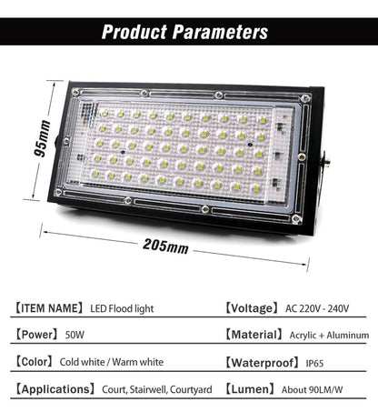 LED Flood Light 50W 220V 240V Floodlight CHIP IP65 Waterproof Outdoor Wall Reflector Lighting Garden Square Spotlight Cold White