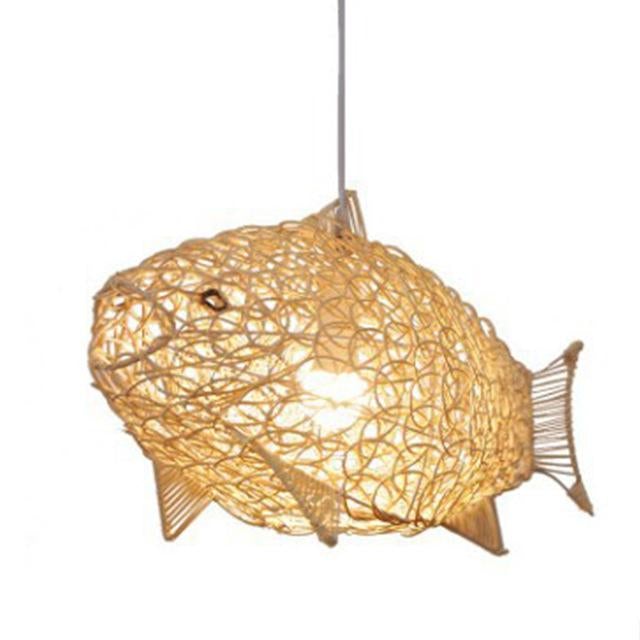Creative Fish Pendant Lights Hand Woven Rattan Hanging Lamps Restaurant Bedroom Bar Light Fixture Home Teahouse Decoration