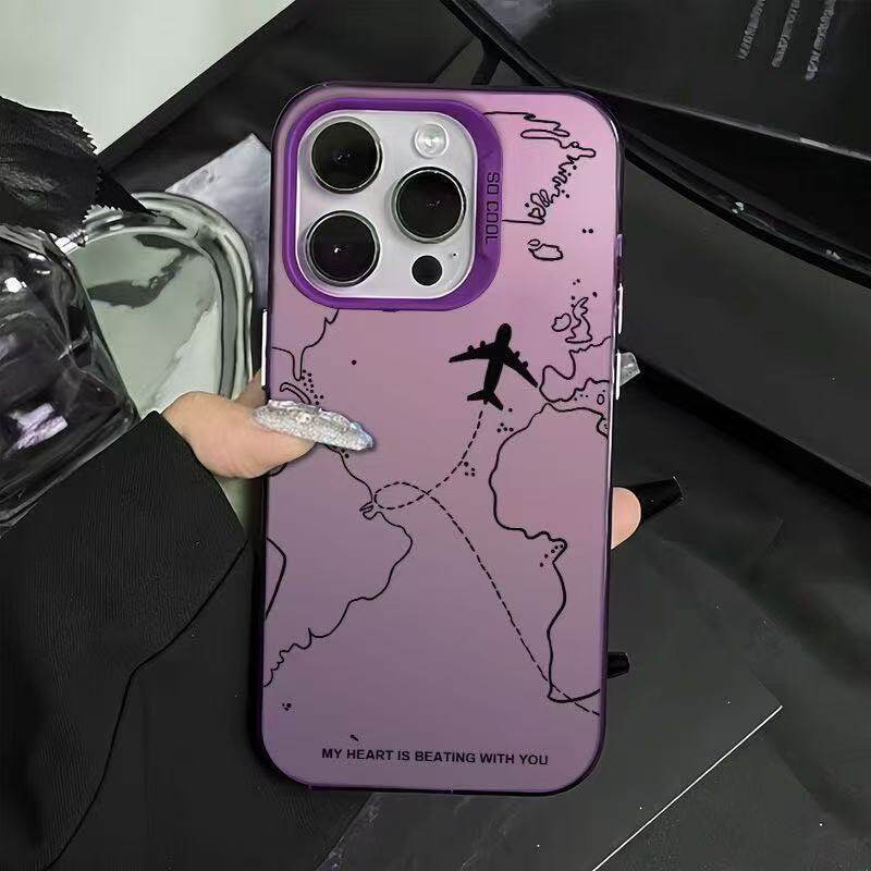Travel-Inspired Airplane Route Design Plating Case for iPhone 16 15 Pro Max 14 13 12 11 XS X XR 7 8 Plus Matte Hard Back Cover