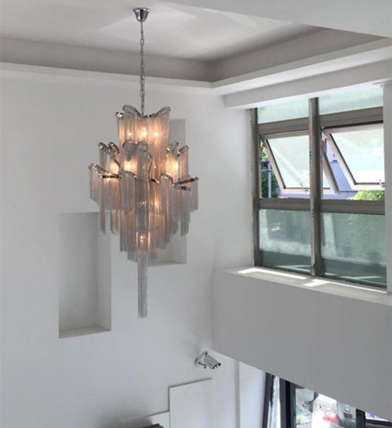 Modern Luxury Silver Gold Aluminium chain fringed Pendant Lamp Luxury Stair Pendant Hanging Light for Home Hotel Decoration