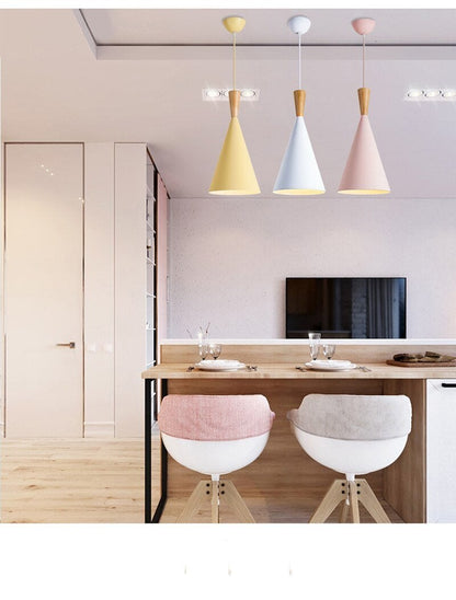 Nordic Creative Bar Loft Pendant Lights Cafe Restaurant Bedroom Multicolor Aluminum Lamp Shade Wood Hanging Lamp Family Lighting